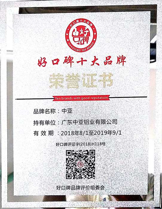 工業(yè)鋁型材定制開(kāi)模榮譽(yù)證書(shū)-好口碑十大品牌